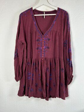 FREE PEOPLE Womens Arianna Embroidered Tunic Dress Large Red Long Sleeve Boho